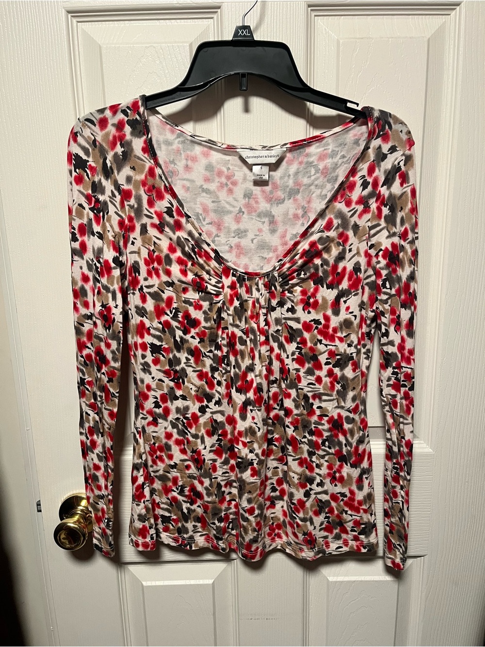 Christopher & Banks Cream Floral Scoop-Neck Long Sleeve Top with Red Accents